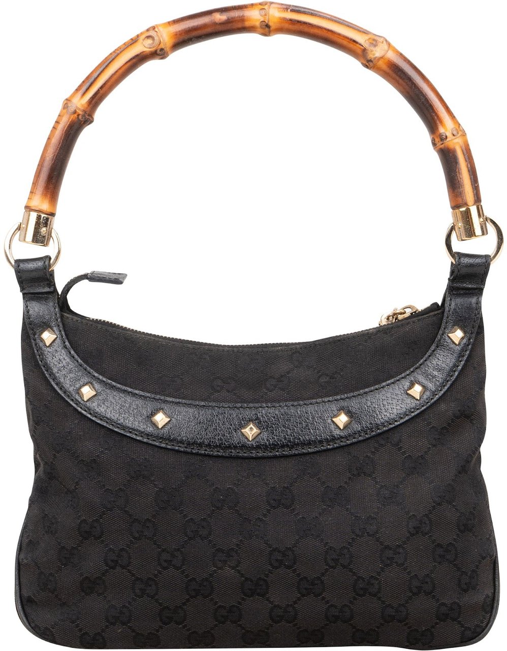 Gucci Black Monogram GG Bamboo Studded Hobo Handbag Zwart