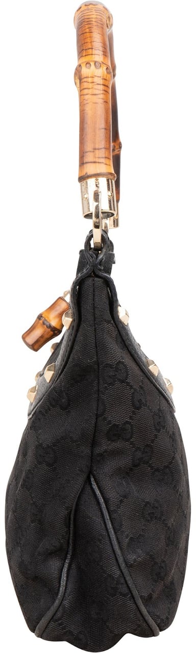 Gucci Black Monogram GG Bamboo Studded Hobo Handbag Zwart