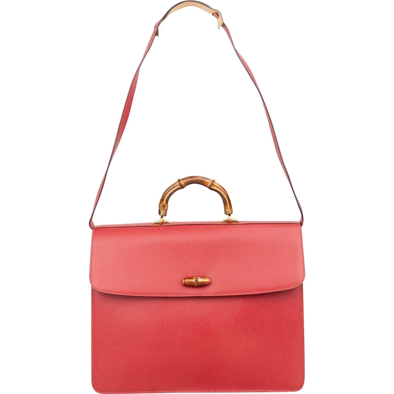 Gucci Gucci Red Grained Leather Bamboo Briefcase Crossbody Handbag Rood