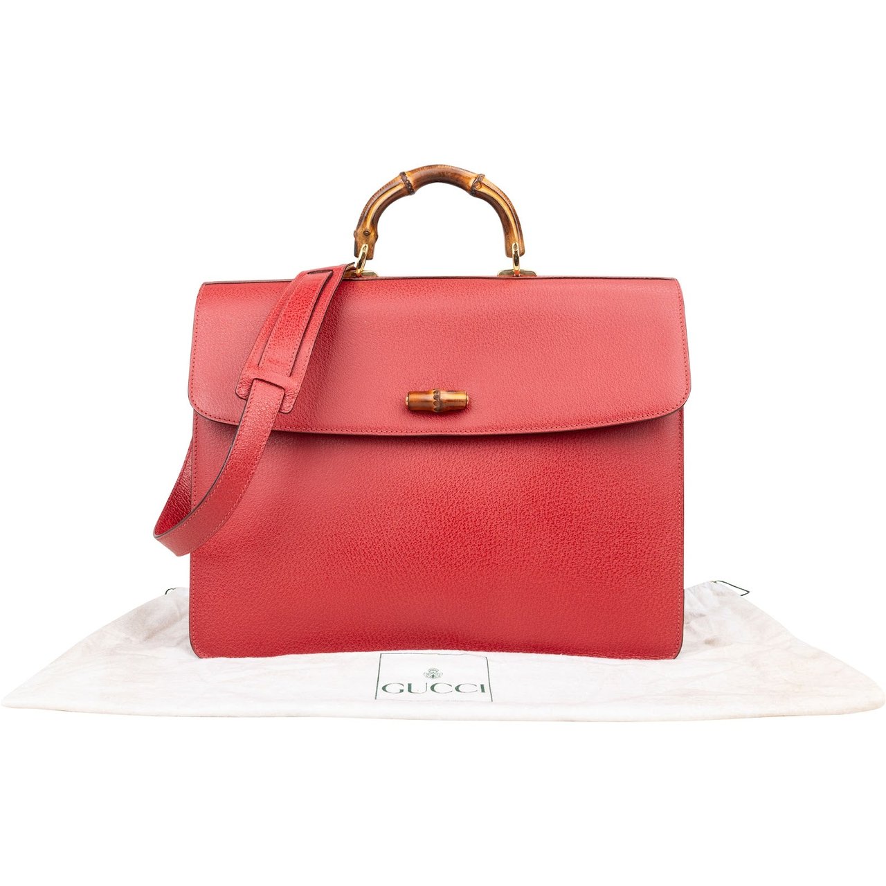 Gucci Gucci Red Grained Leather Bamboo Briefcase Crossbody Handbag Rood