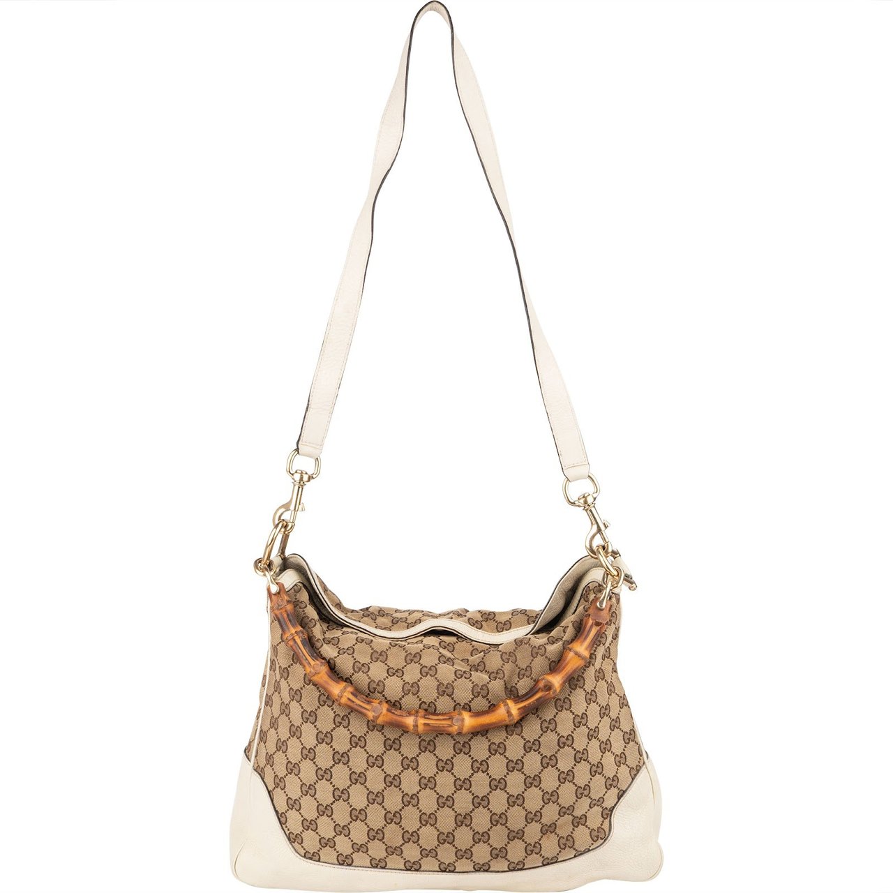 Gucci Monogram GG Canvas Bamboo Hobo Shoulder Bag Beige