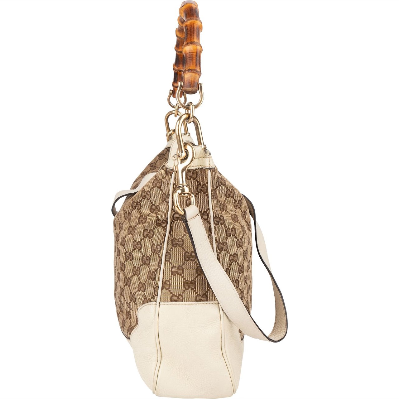 Gucci Monogram GG Canvas Bamboo Hobo Shoulder Bag Beige