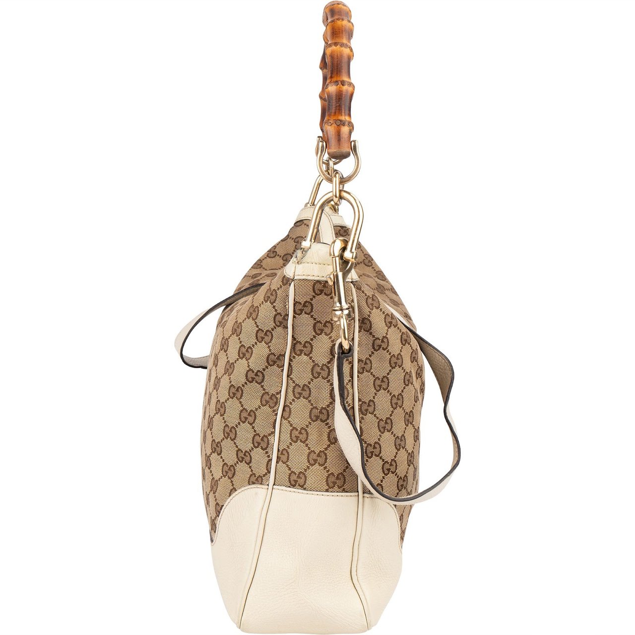 Gucci Monogram GG Canvas Bamboo Hobo Shoulder Bag Beige