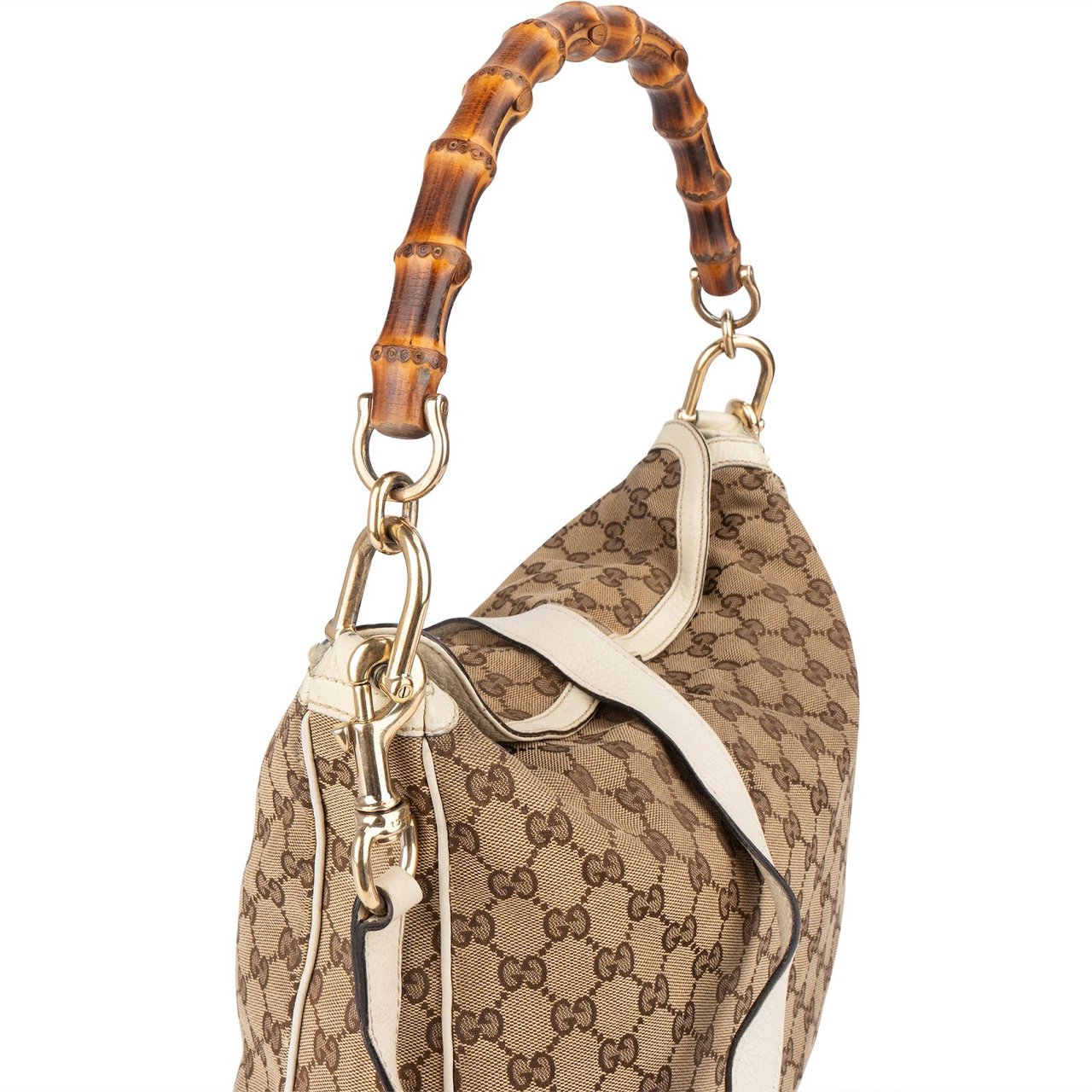 Gucci Monogram GG Canvas Bamboo Hobo Shoulder Bag Beige
