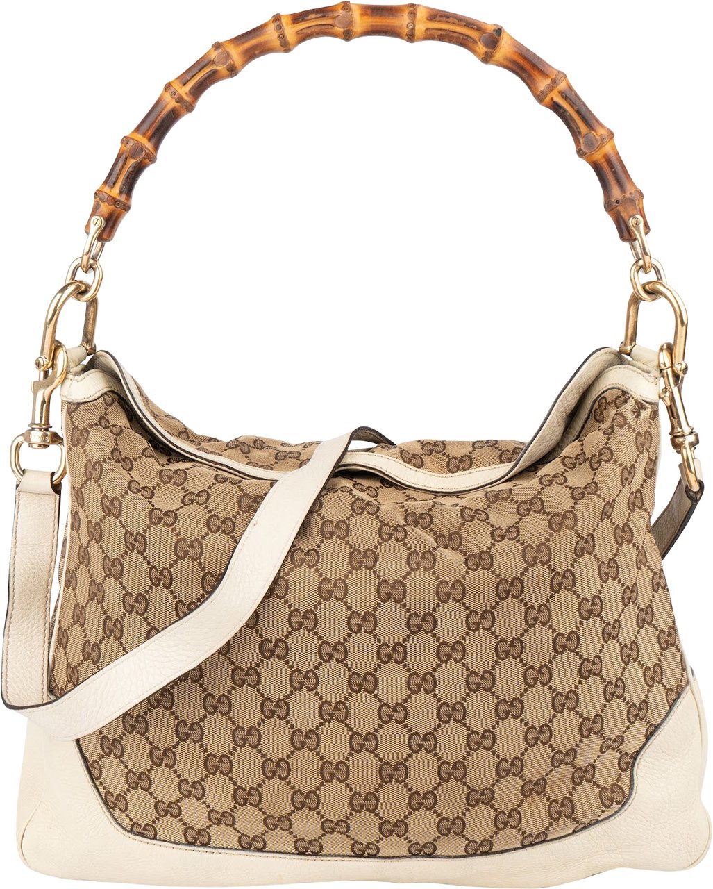 Gucci Monogram GG Canvas Bamboo Hobo Shoulder Bag Beige