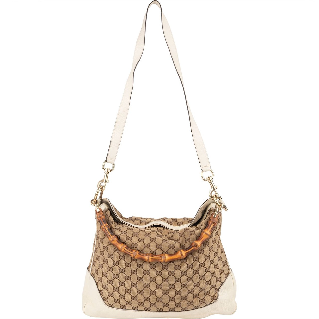 Gucci Gucci Monogram GG Canvas Bamboo Hobo Shoulder Bag Beige