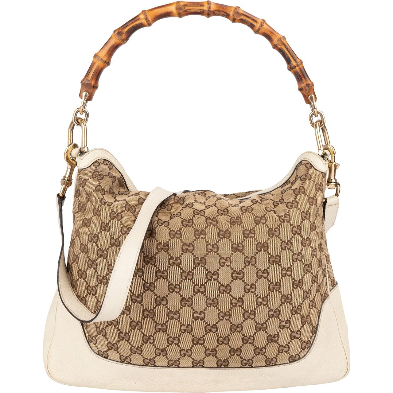 Gucci Monogram GG Canvas Bamboo Hobo Shoulder Bag Beige