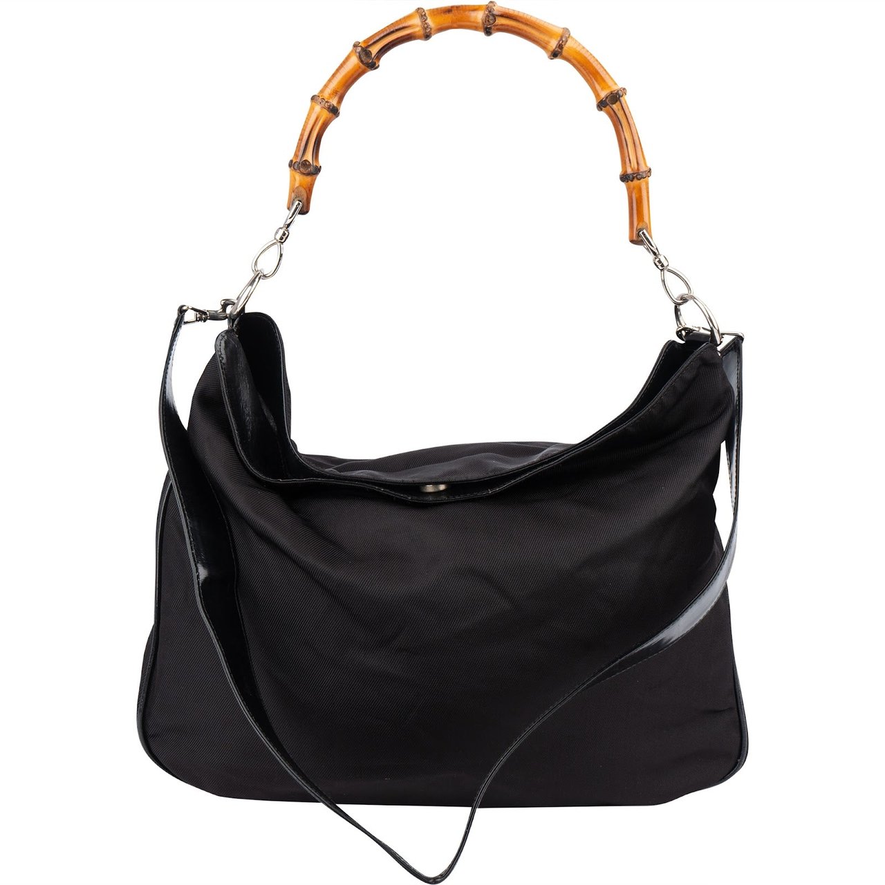 Gucci Gucci Nylon Bamboo Hobo Shoulder Bag Zwart