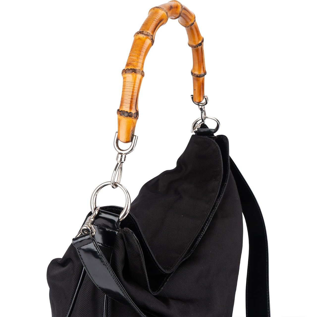 Gucci Gucci Nylon Bamboo Hobo Shoulder Bag Zwart