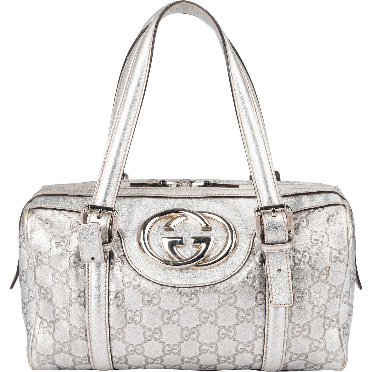 Gucci Leather Monogram Interlocking G Boston Bag Handbag Zilver