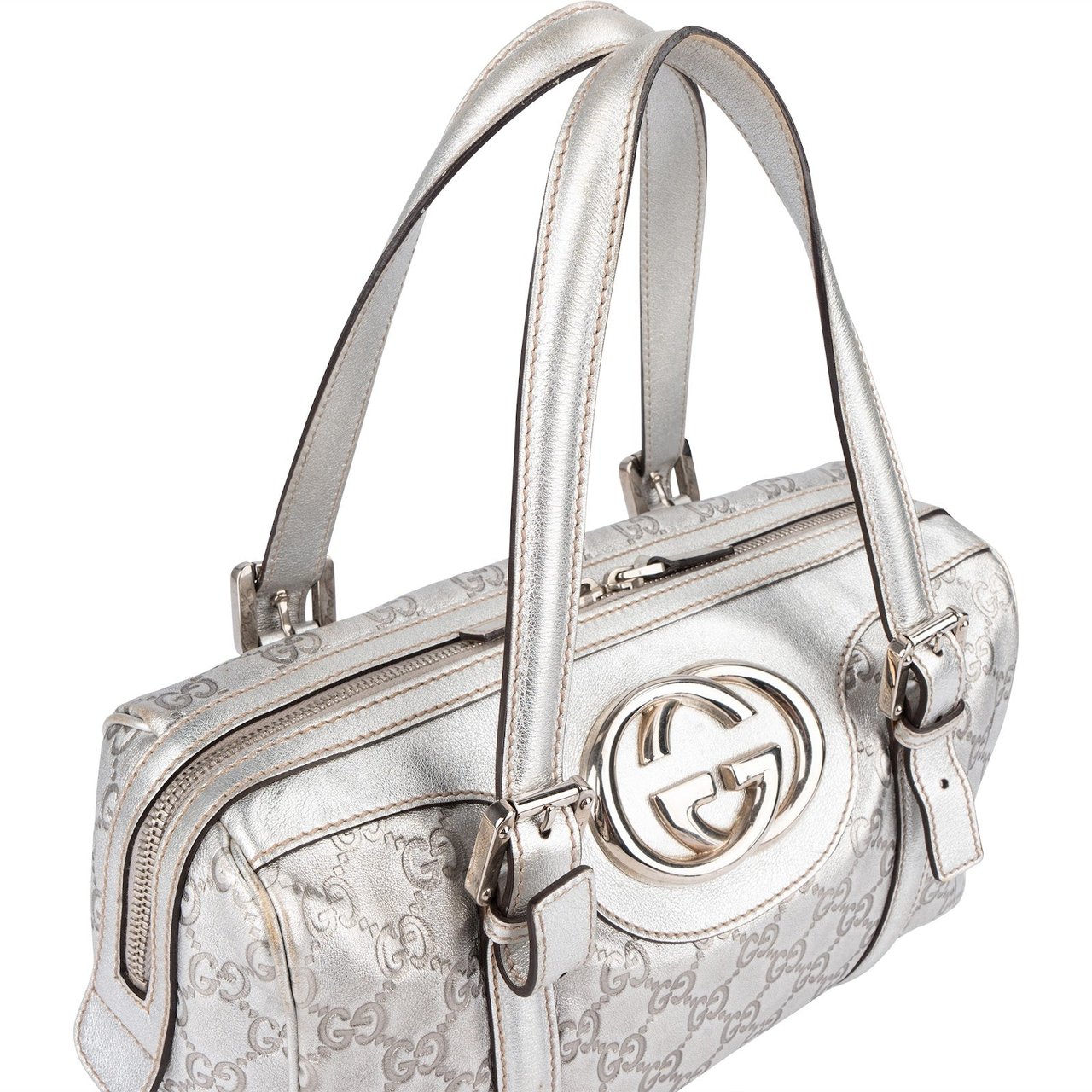 Gucci Gucci Leather Monogram Interlocking G Boston Bag Handbag Zilver