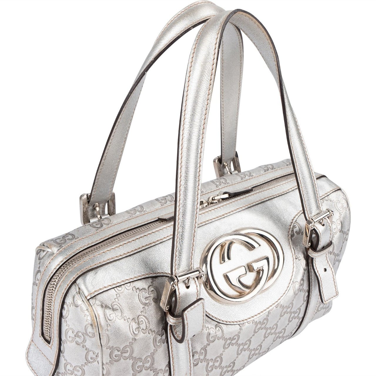 Gucci Leather Monogram Interlocking G Boston Bag Handbag Zilver