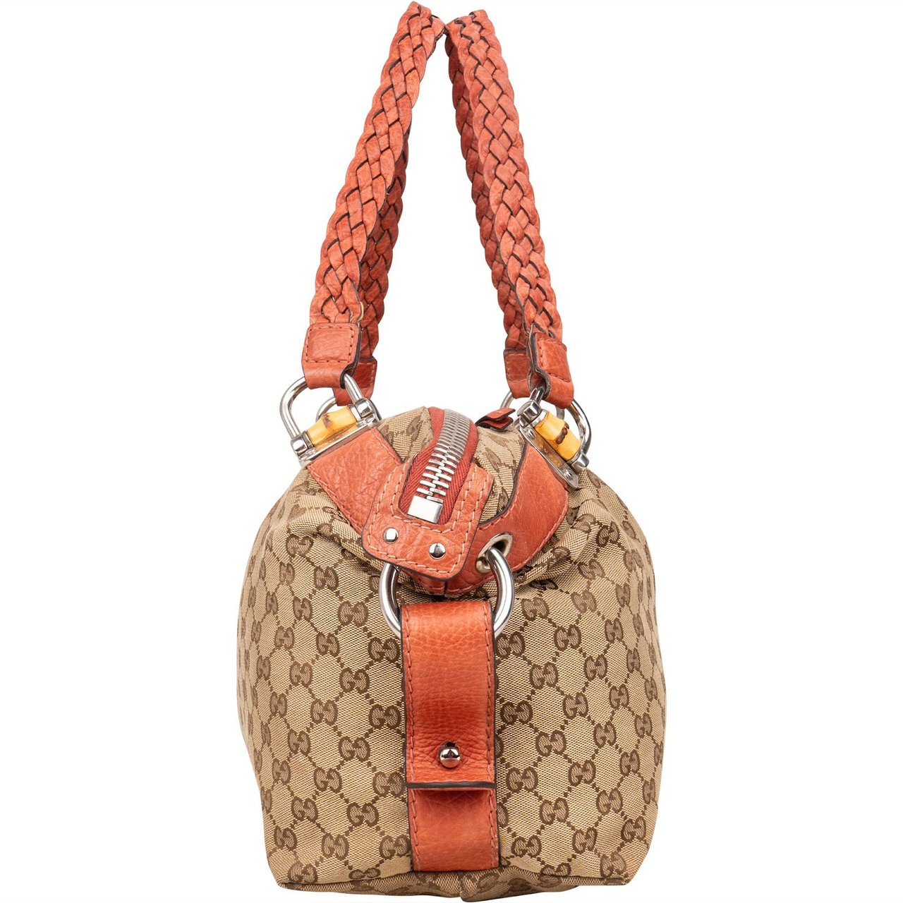 Gucci Gucci Monogram GG Bamboo and Leather Handle Satchel Shoulder Bag Beige