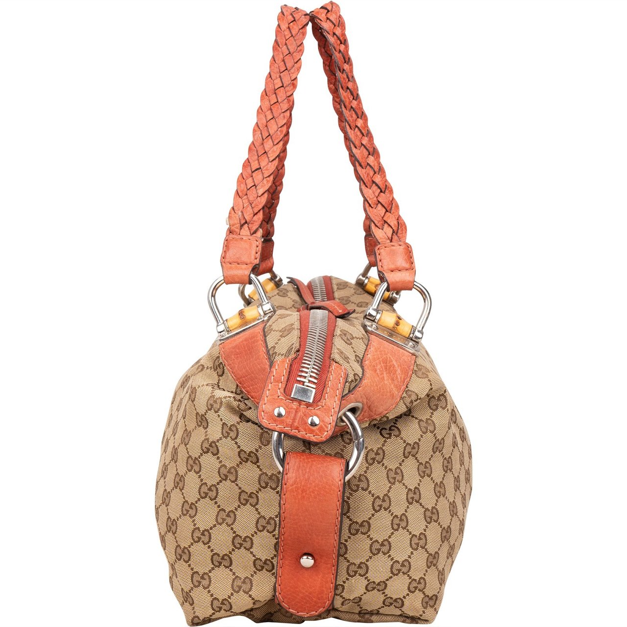 Gucci Gucci Monogram GG Bamboo and Leather Handle Satchel Shoulder Bag Beige