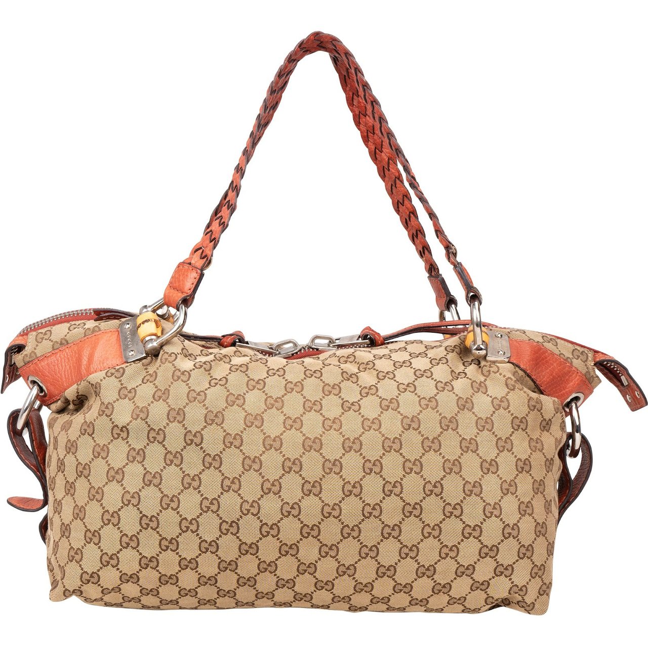 Gucci Gucci Monogram GG Bamboo and Leather Handle Satchel Shoulder Bag Beige