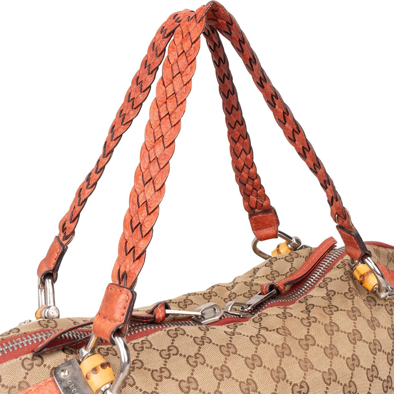 Gucci Gucci Monogram GG Bamboo and Leather Handle Satchel Shoulder Bag Beige