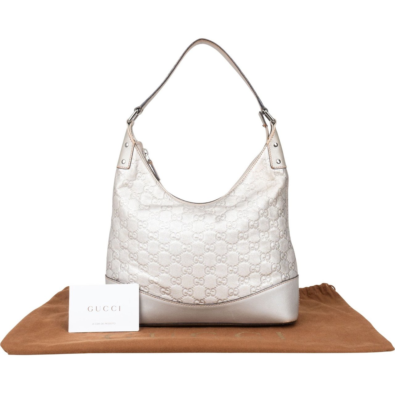 Gucci Silver Guccissima Leather Hobo Shoulder Bag Zilver