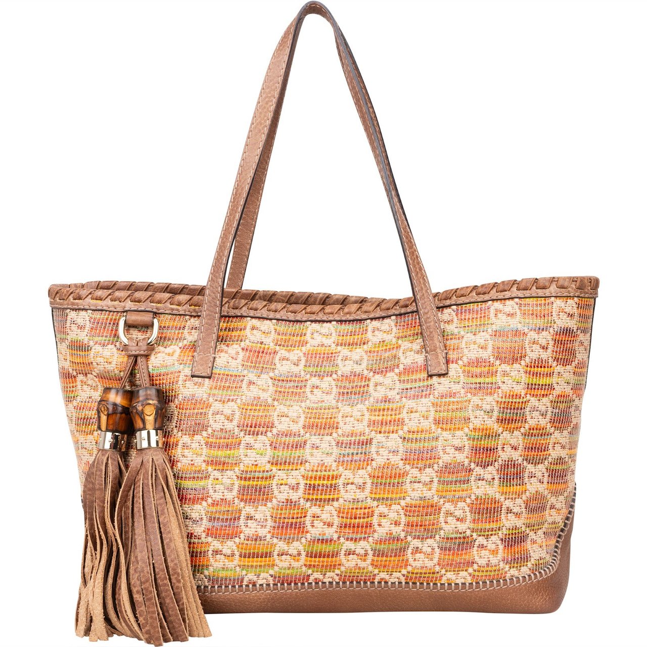 Gucci Gucci Monogram Multicolor Raffia and Leather GG Bamboo Tassel Tote Shoulder Bag Bruin