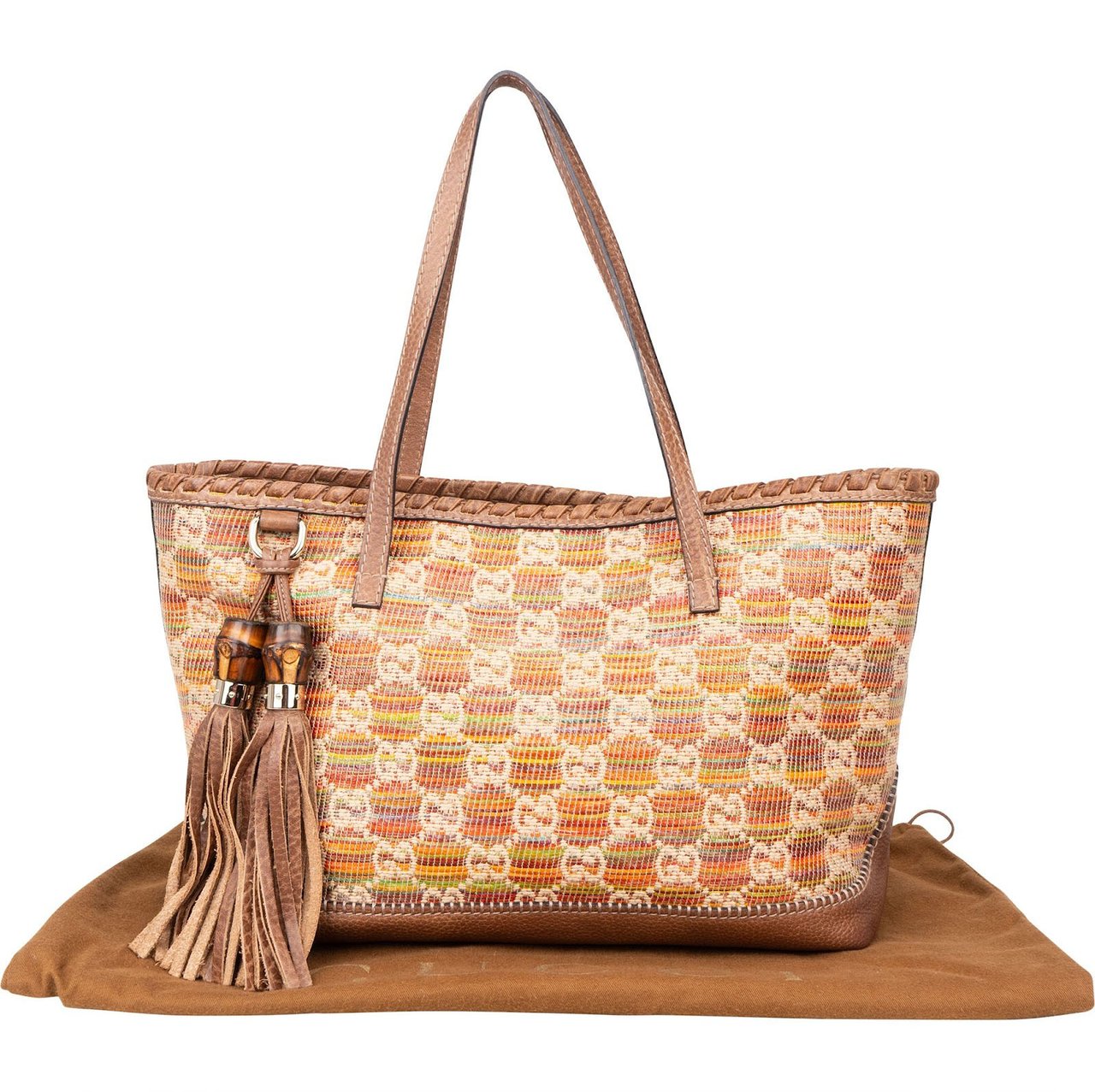 Gucci Monogram Multicolor Raffia and Leather GG Bamboo Tassel Tote Shoulder Bag Bruin
