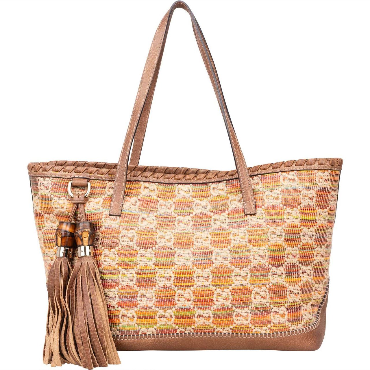 Gucci Monogram Multicolor Raffia and Leather GG Bamboo Tassel Tote Shoulder Bag Bruin