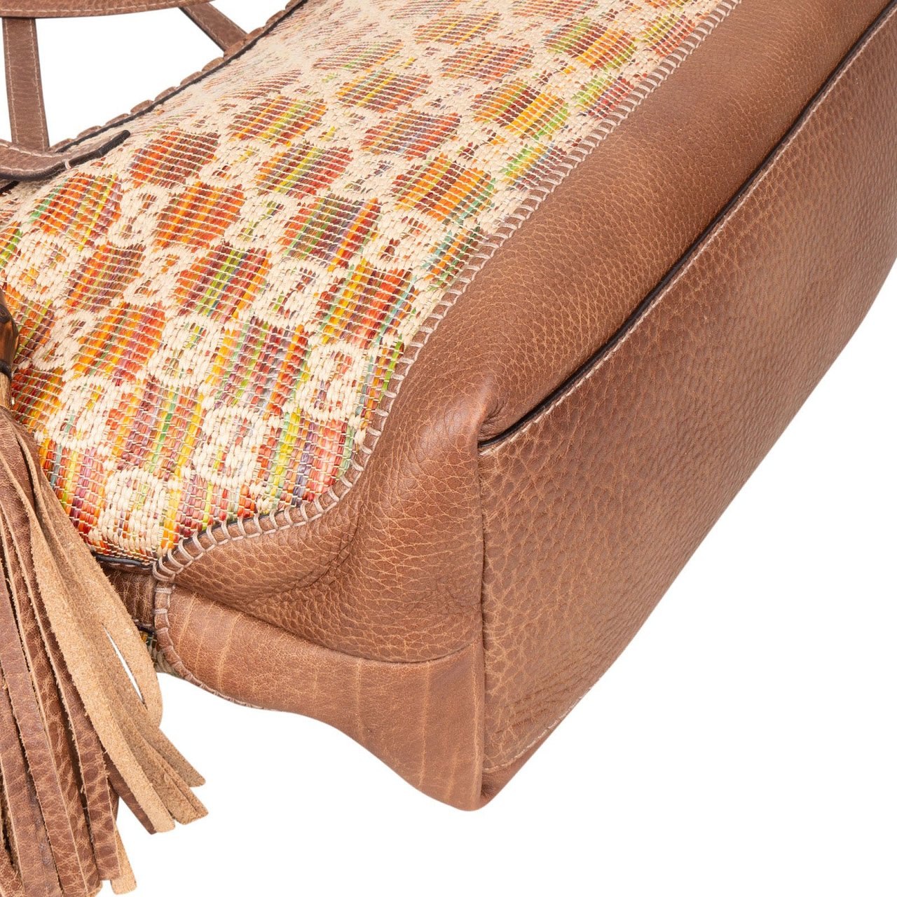 Gucci Monogram Multicolor Raffia and Leather GG Bamboo Tassel Tote Shoulder Bag Bruin