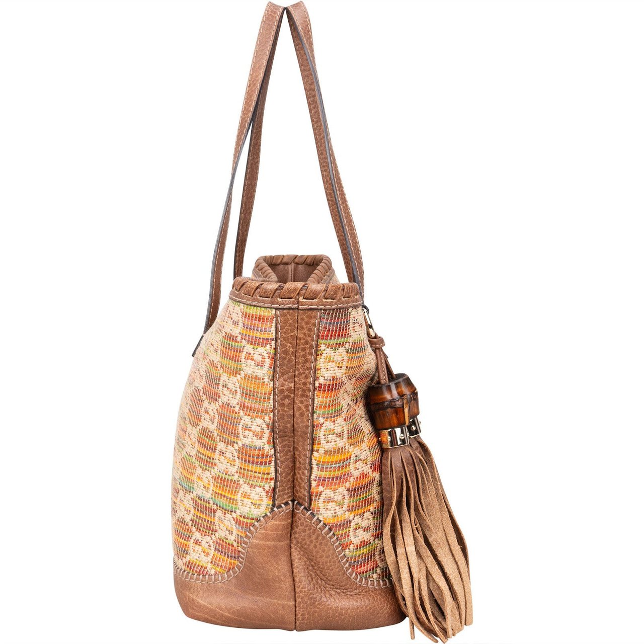 Gucci Monogram Multicolor Raffia and Leather GG Bamboo Tassel Tote Shoulder Bag Bruin