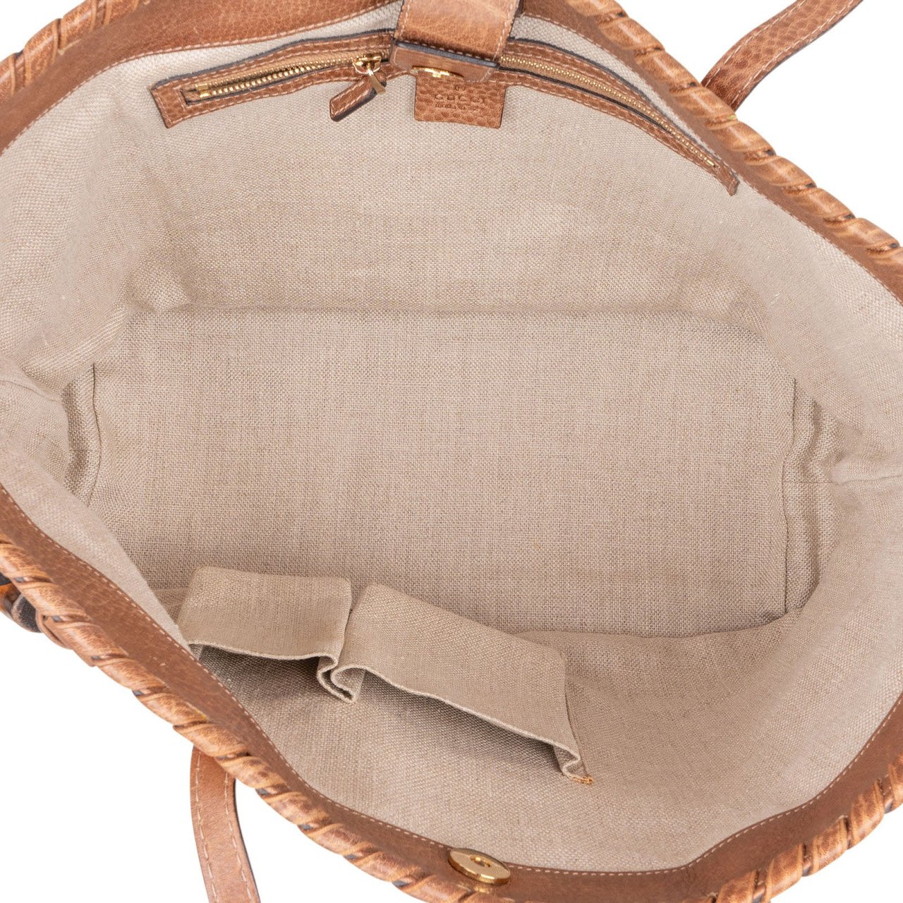 Gucci Monogram Multicolor Raffia and Leather GG Bamboo Tassel Tote Shoulder Bag Bruin