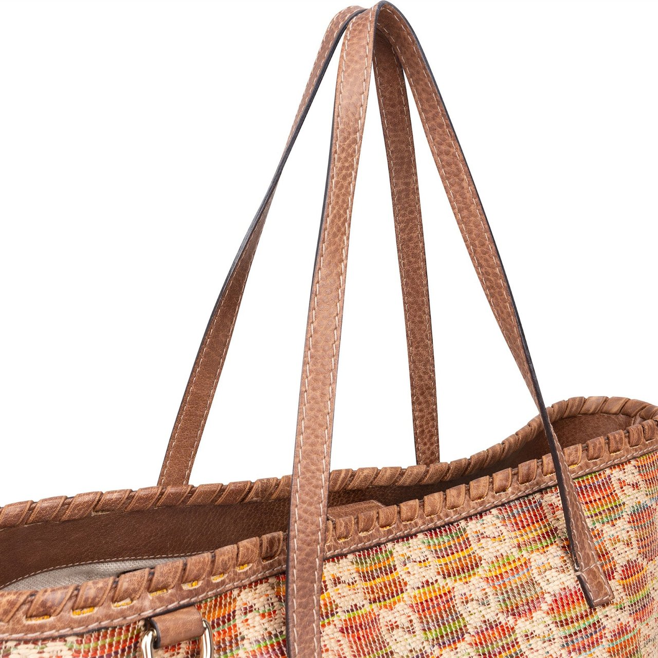 Gucci Gucci Monogram Multicolor Raffia and Leather GG Bamboo Tassel Tote Shoulder Bag Bruin