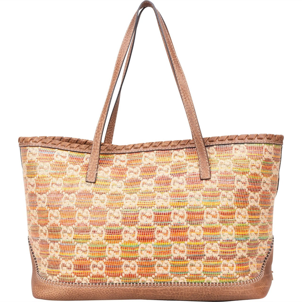 Gucci Monogram Multicolor Raffia and Leather GG Bamboo Tassel Tote Shoulder Bag Bruin