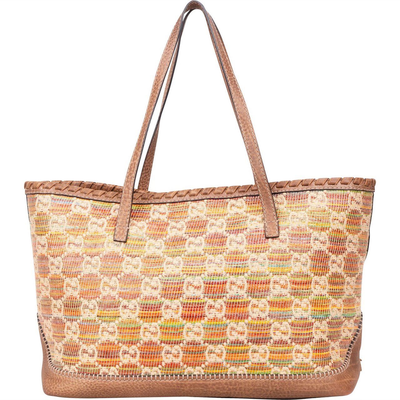 Gucci Gucci Monogram Multicolor Raffia and Leather GG Bamboo Tassel Tote Shoulder Bag Bruin