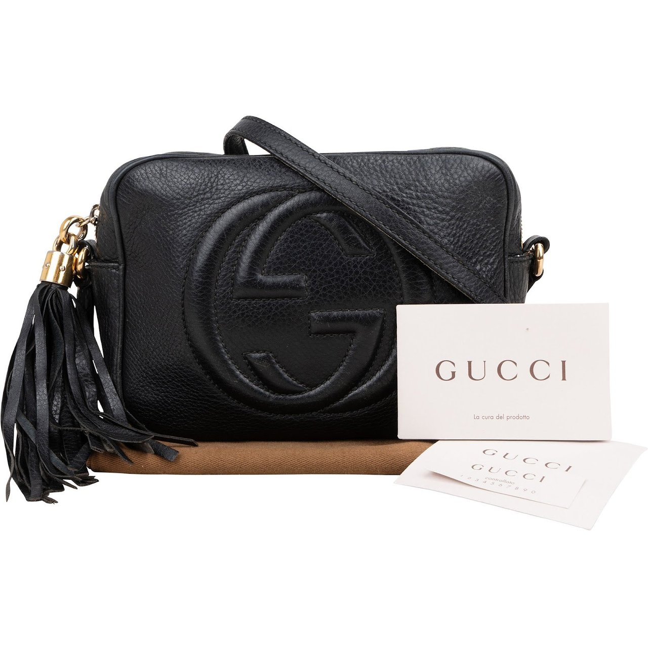 Gucci Gucci Black Leather Soho GG Crossbody Bag Zwart