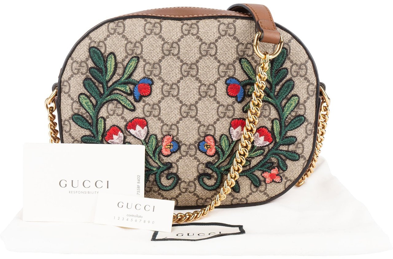 Gucci Gucci Monogram GG Supreme Floral Embroidered Chain Crossbody Bag Beige