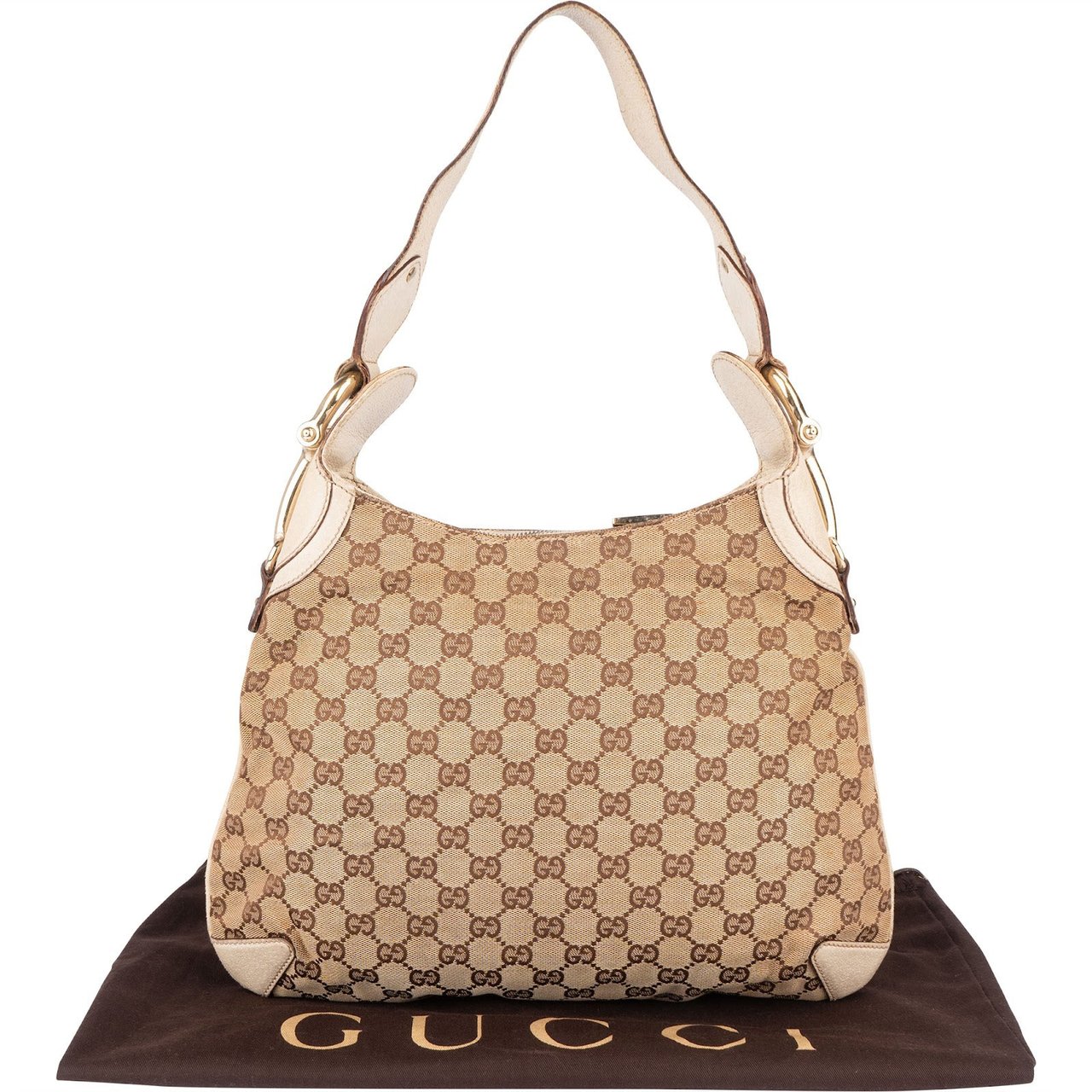 Gucci Gucci Monogram GG Horsebit Hobo Shoulder Bag Beige