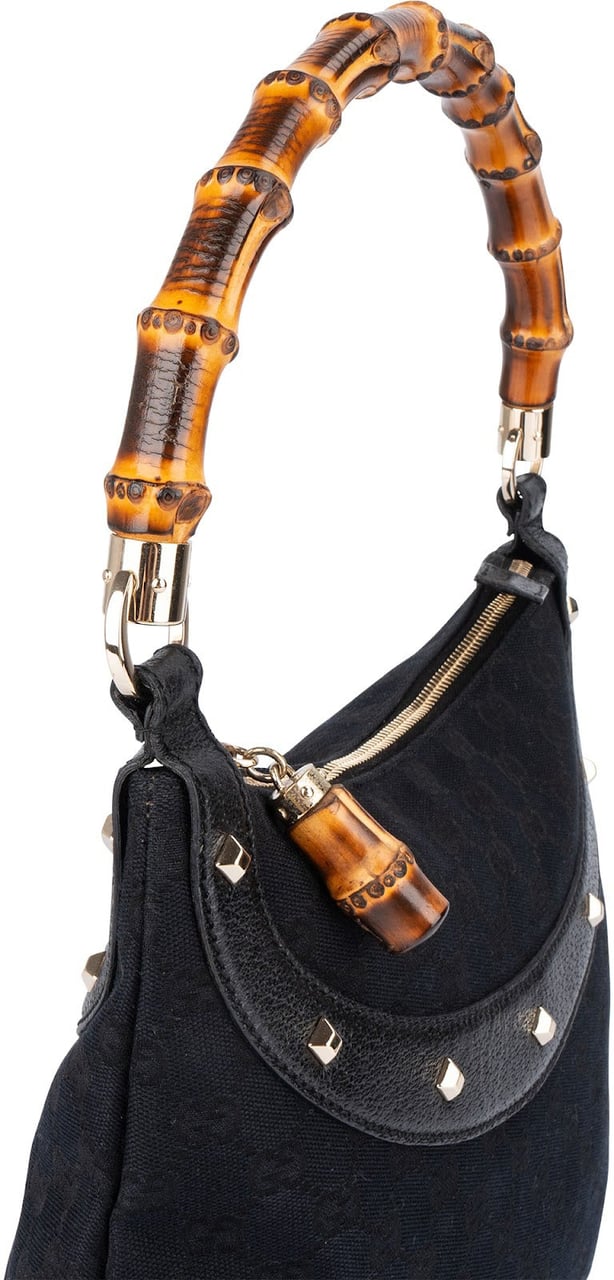 Gucci Monogram GG Studded Bamboo Hobo Handbag Zwart