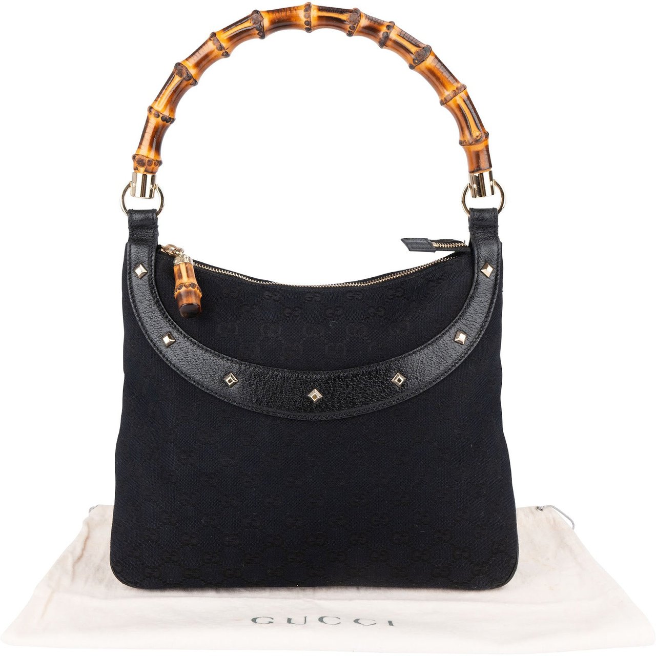 Gucci Monogram GG Studded Bamboo Hobo Handbag Zwart
