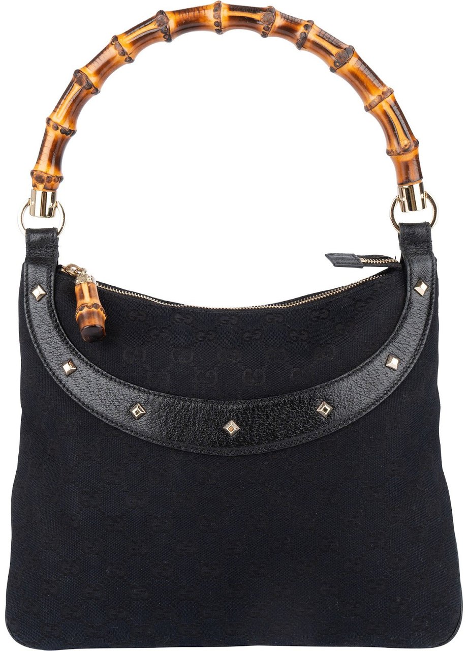 Gucci Monogram GG Studded Bamboo Hobo Handbag Zwart