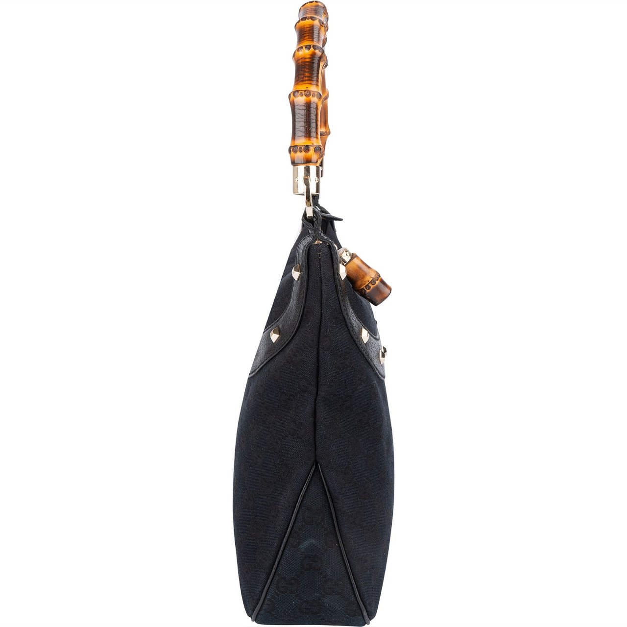 Gucci Monogram GG Studded Bamboo Hobo Handbag Zwart
