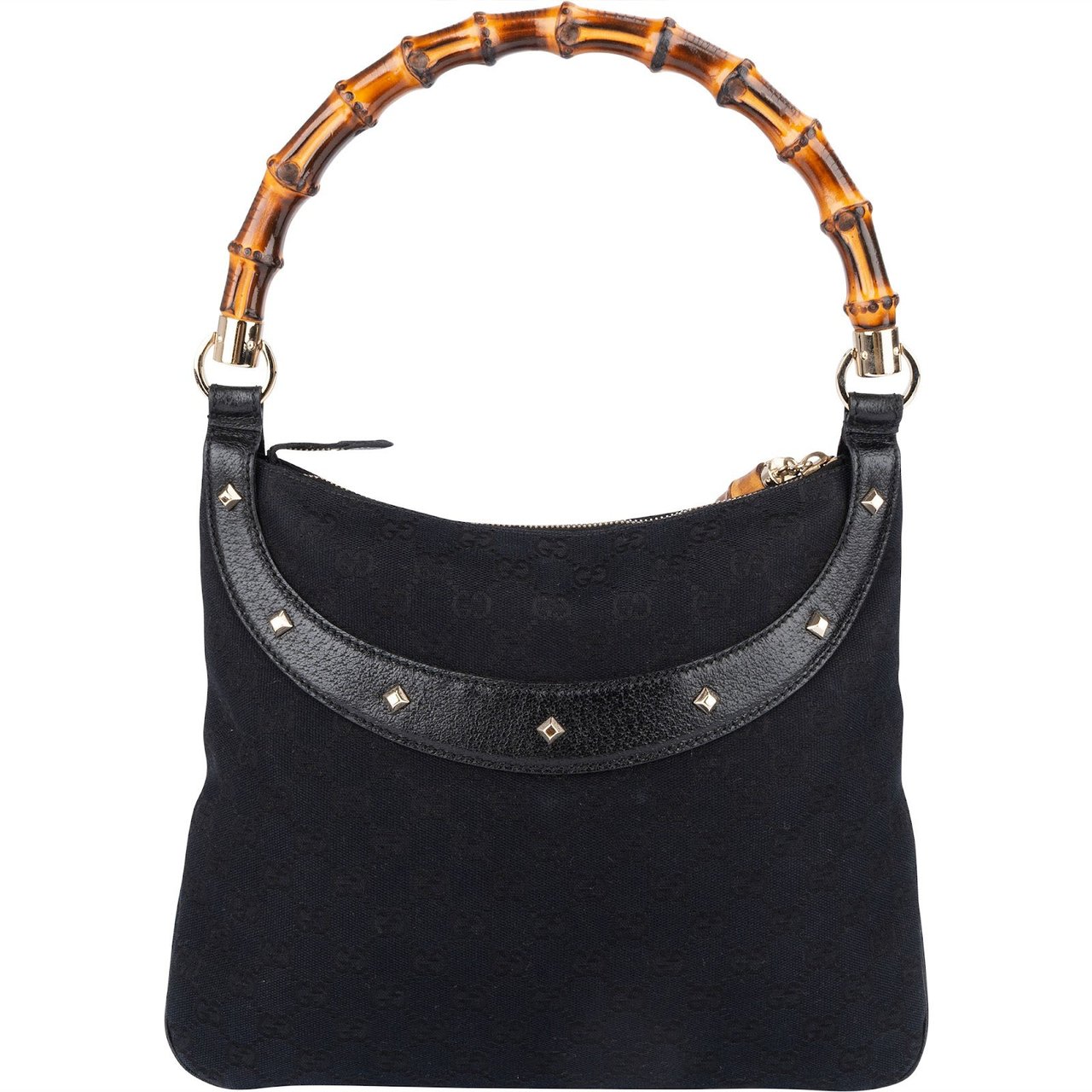 Gucci Monogram GG Studded Bamboo Hobo Handbag Zwart