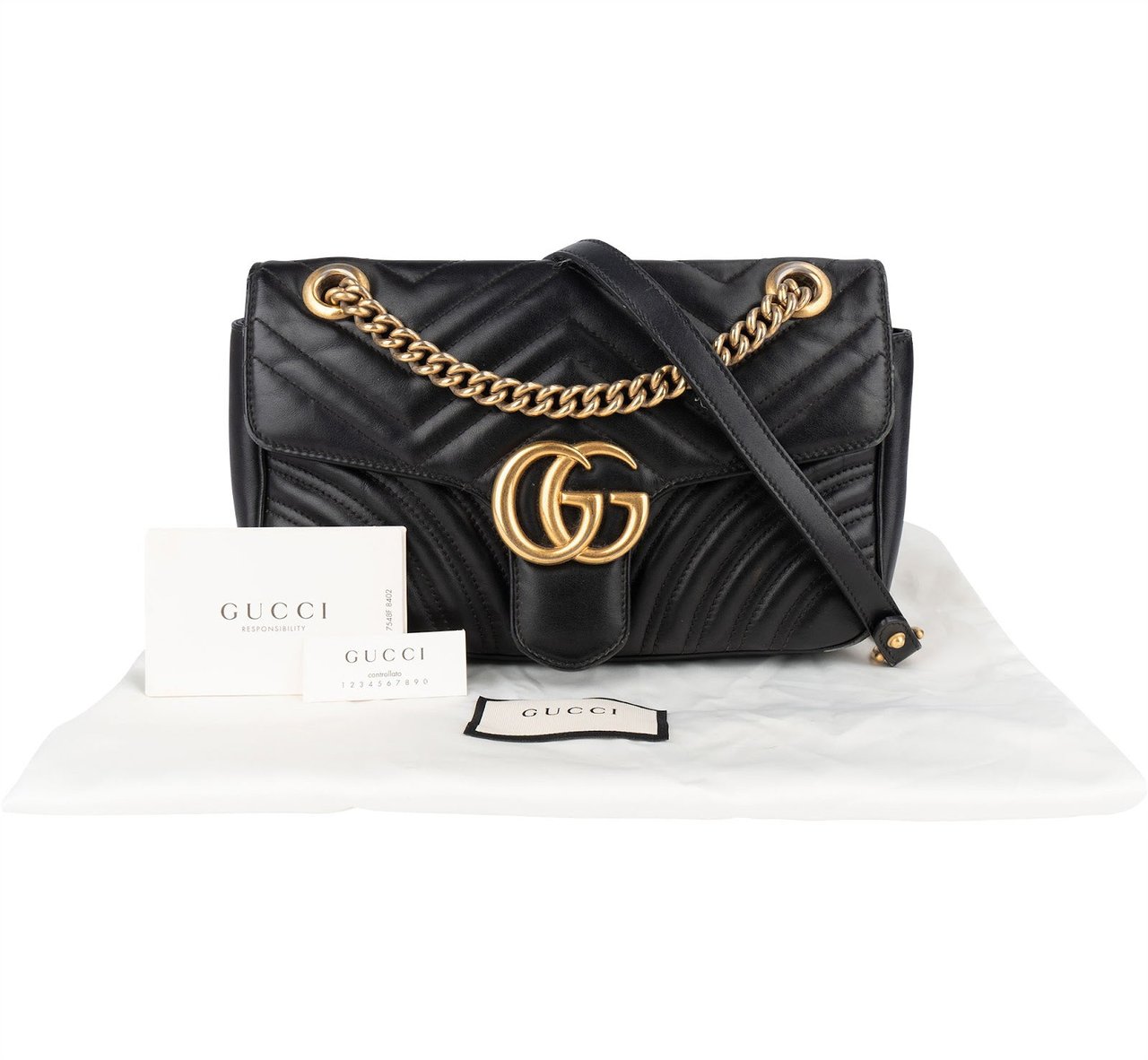 Gucci Gucci Black Quilted Leather Marmont GG Crossbody Bag Zwart