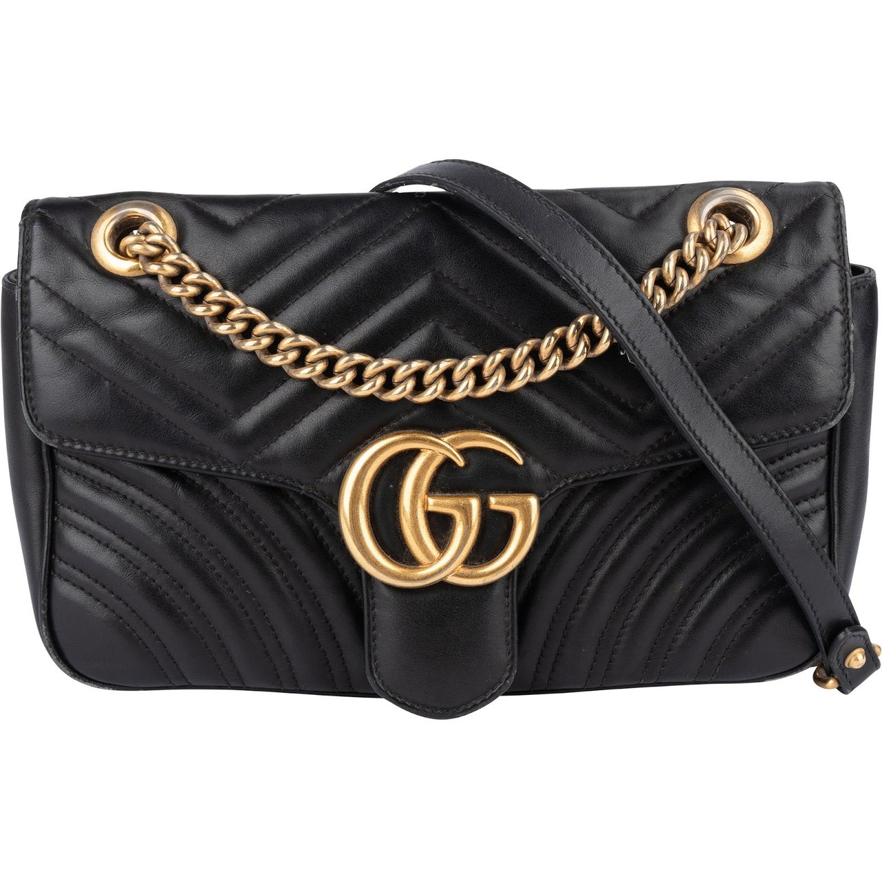 Gucci Gucci Black Quilted Leather Marmont GG Crossbody Bag Zwart