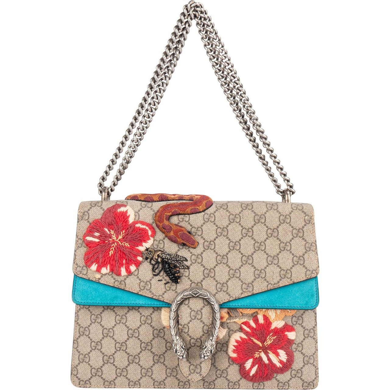 Gucci Gucci Monogram GG Supreme Floral and Snake Embroided Dionysus Shoulder Bag Blauw