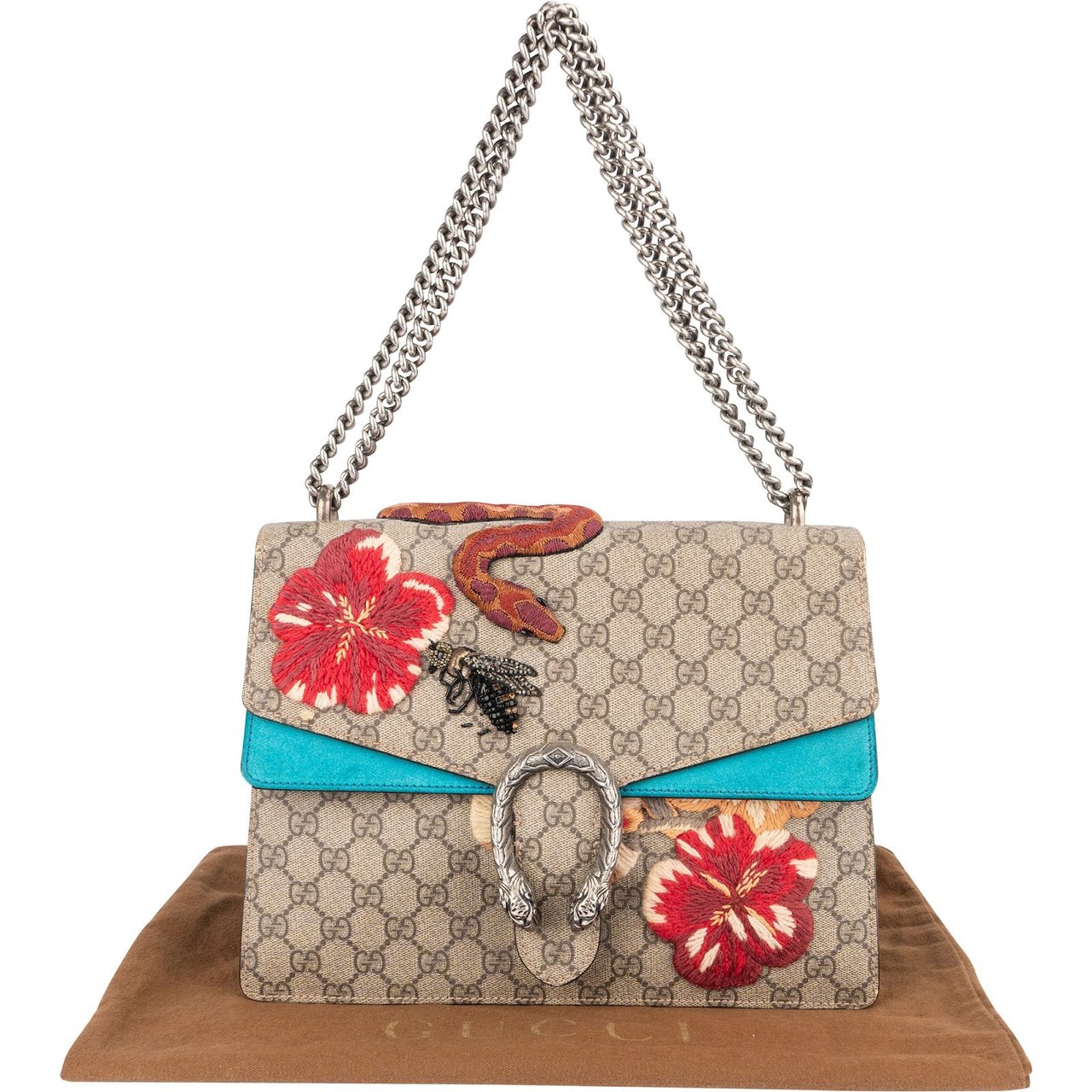 Gucci Gucci Monogram GG Supreme Floral and Snake Embroided Dionysus Shoulder Bag Blauw