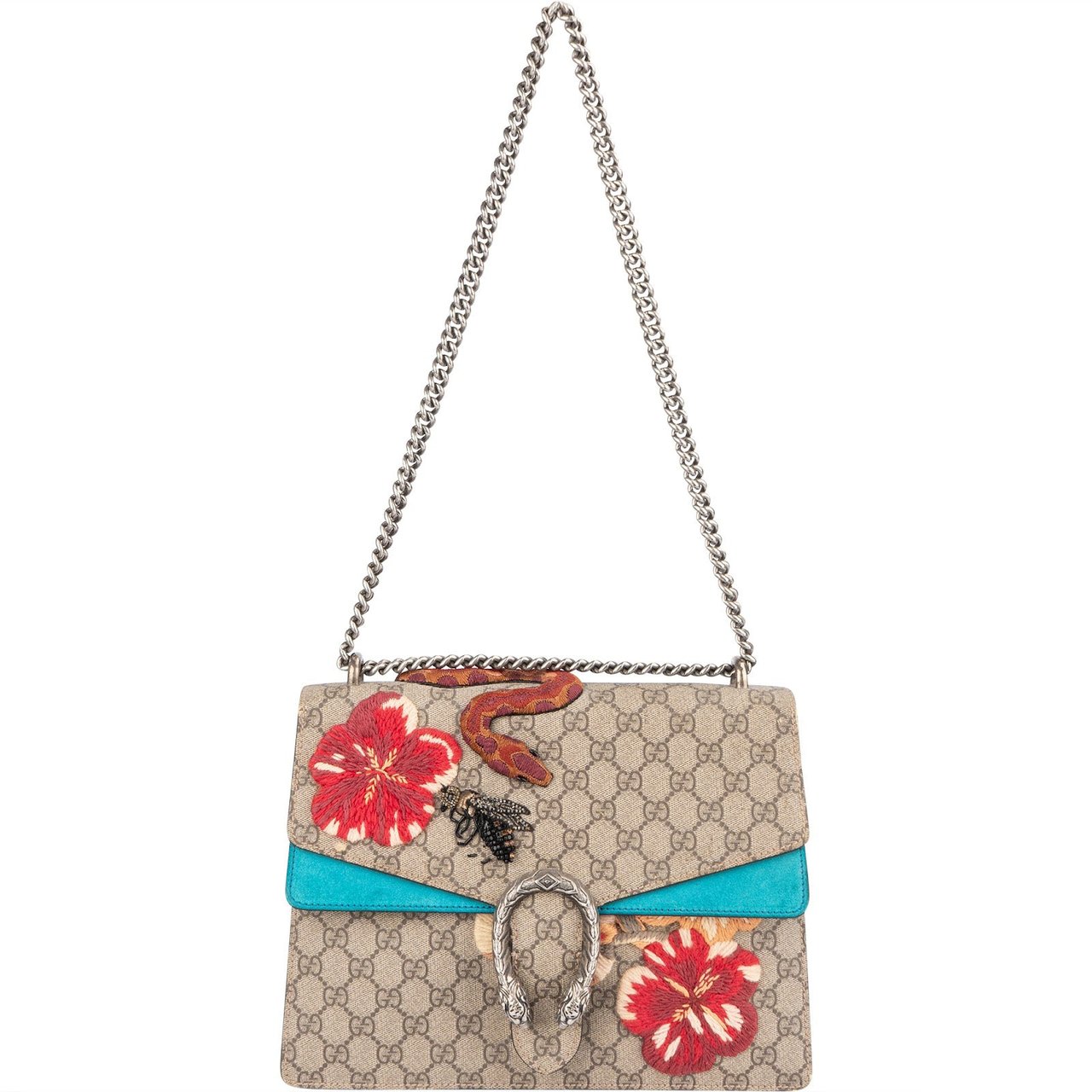 Gucci Gucci Monogram GG Supreme Floral and Snake Embroided Dionysus Shoulder Bag Blauw