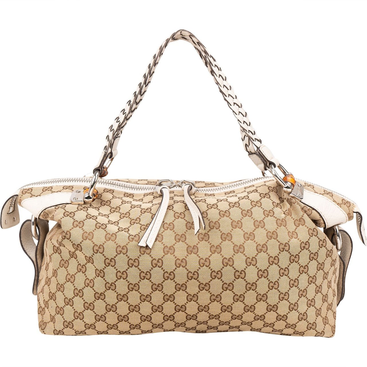 Gucci Gucci Monogram GG Heavy Braided Handle Bamboo Shoulder Bag Beige
