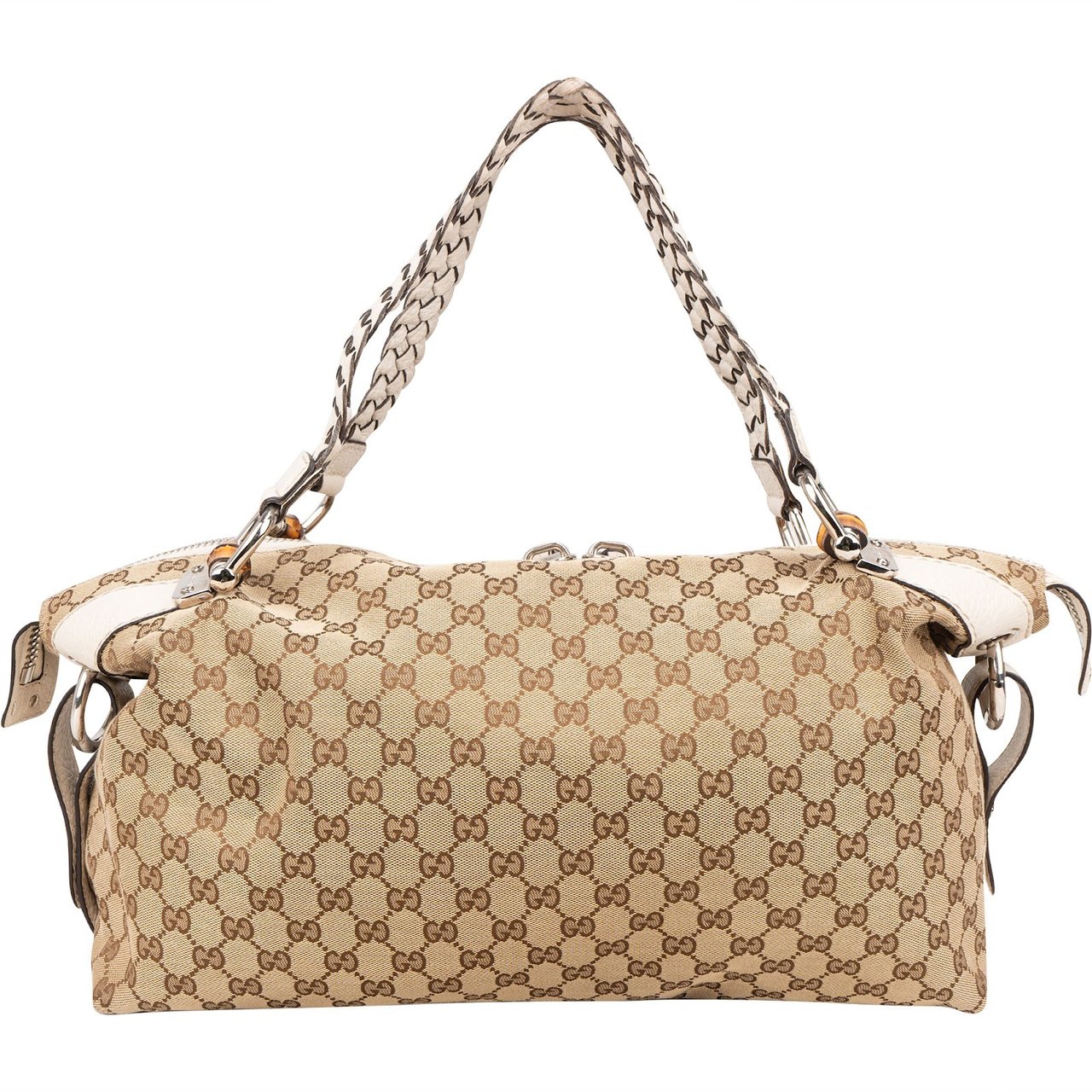 Gucci Monogram GG Heavy Braided Handle Bamboo Shoulder Bag Beige