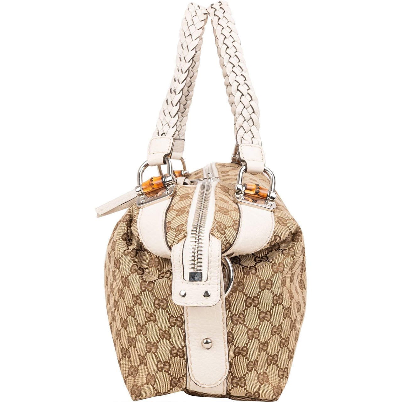 Gucci Monogram GG Heavy Braided Handle Bamboo Shoulder Bag Beige