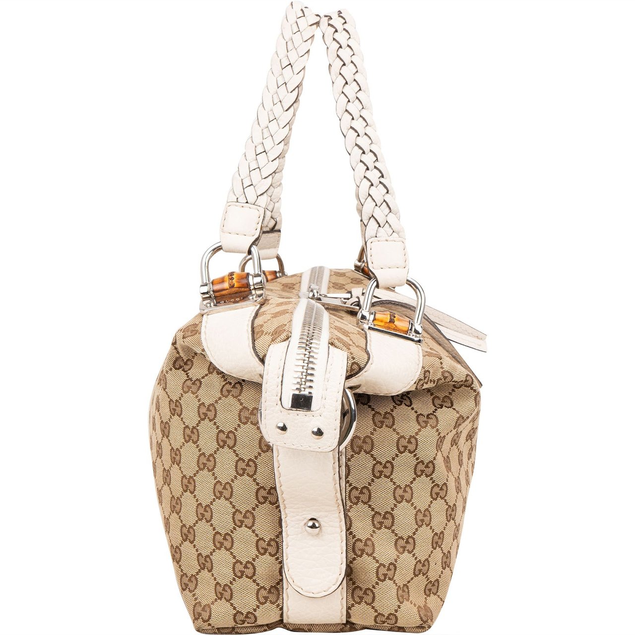 Gucci Monogram GG Heavy Braided Handle Bamboo Shoulder Bag Beige