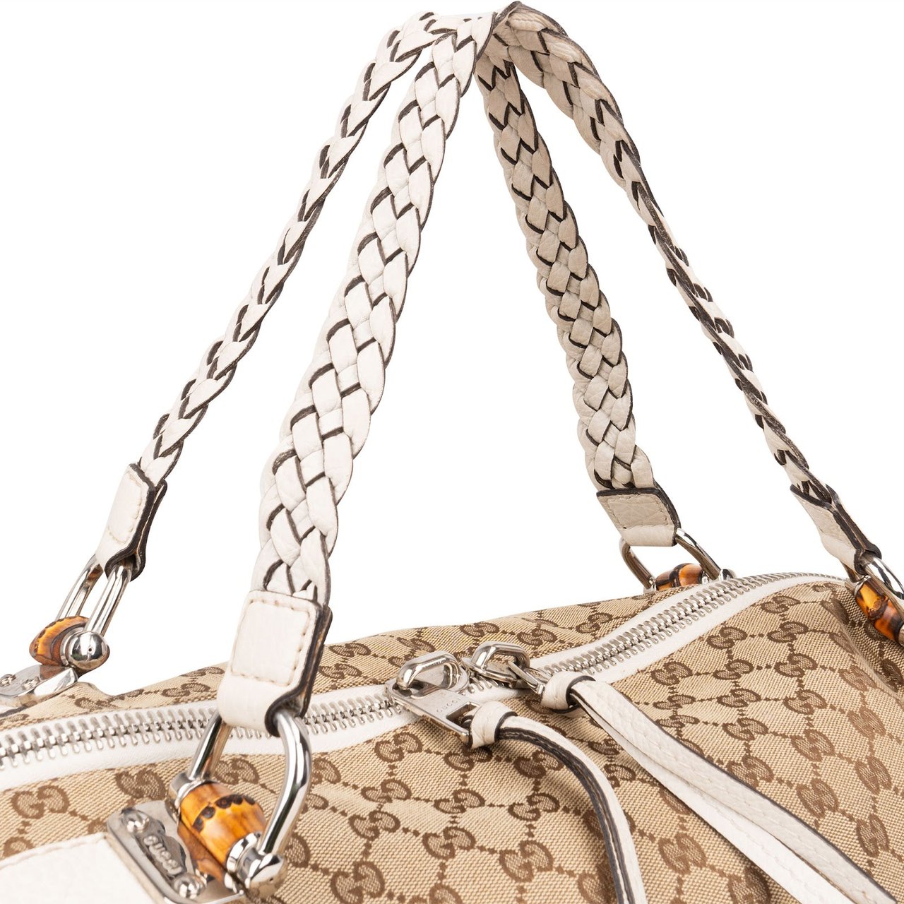 Gucci Monogram GG Heavy Braided Handle Bamboo Shoulder Bag Beige