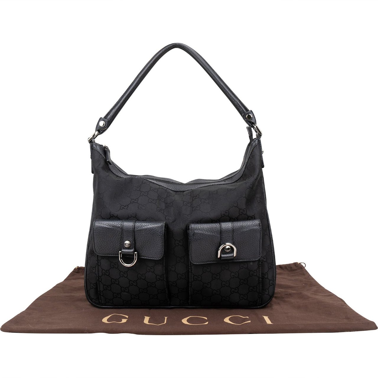 Gucci Gucci Monogram GG Canvas Abbey D-Ring Pocket Hobo Shoulder Bag Zwart