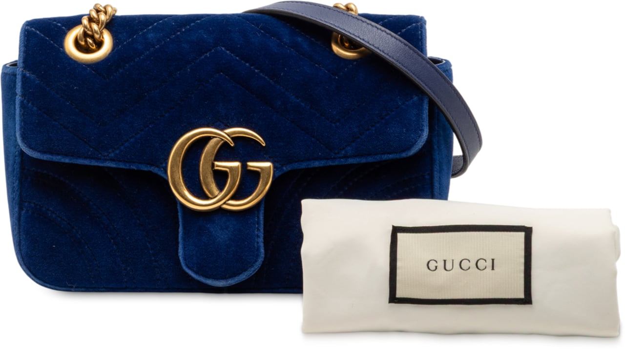 Gucci Small GG Marmont Matelasse Velvet Shoulder Bag Blauw